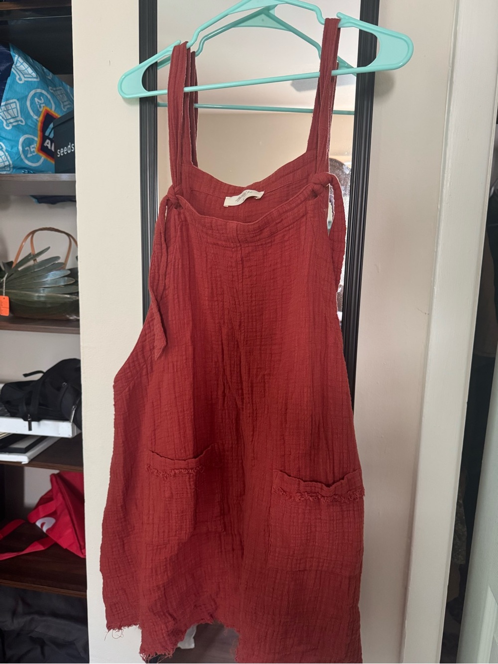 Rust Red Sleeveless Gauze Pinafore Dress